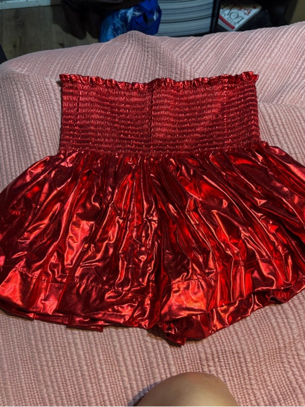 QUEEN OF SPARKLES Metallic Red High-Waist Smocked Shorts